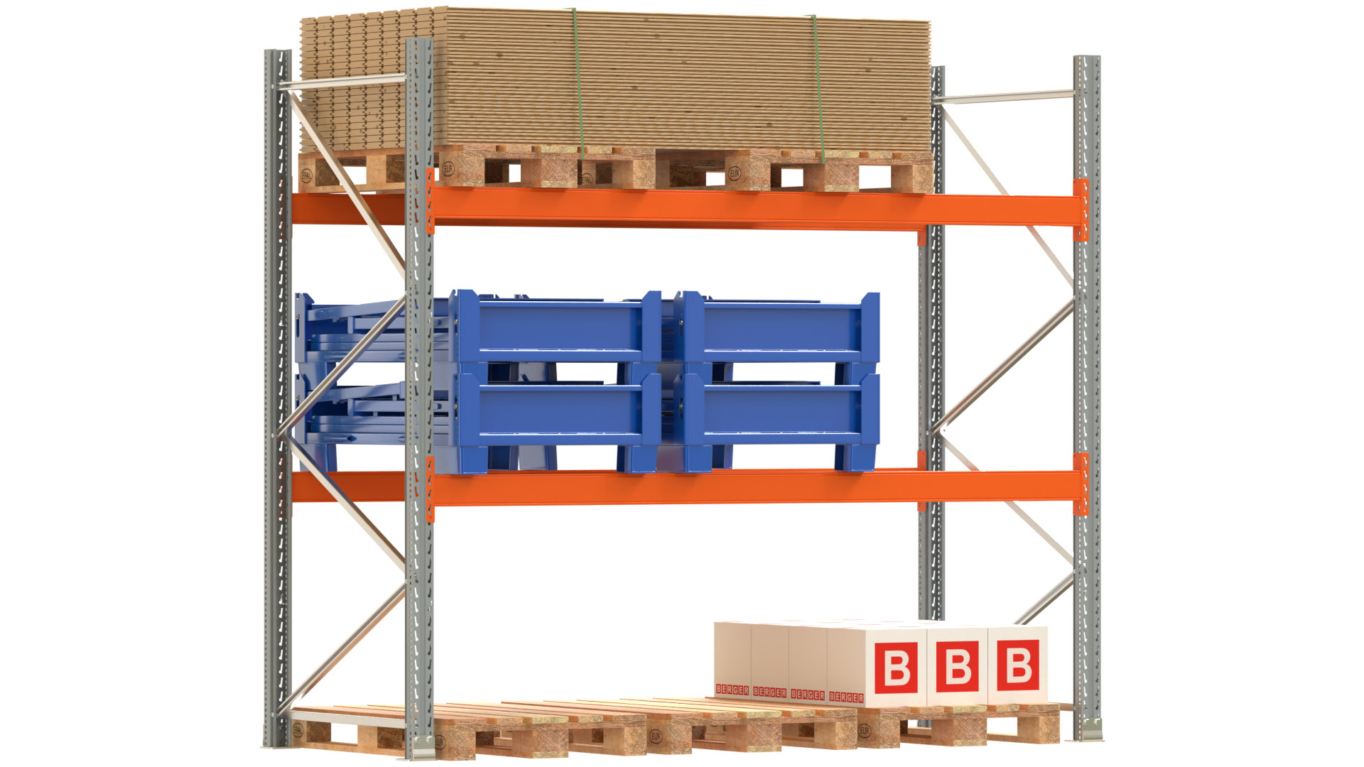 Palettenregal ARTUS - Breite 287 cm - Höhe 250 cm - Tiefe 110 cm - 2 Träger-Ebenen - Fachlast 2000 kg - 9 Palettenstellplätze