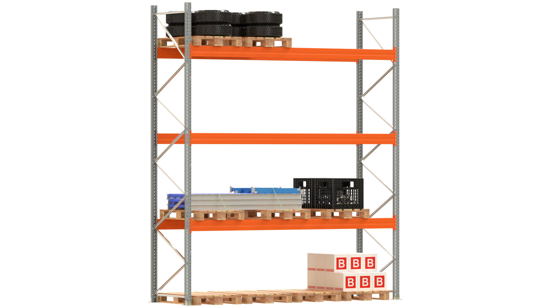 Palettenregal ARTUS - Breite 377 cm - Höhe 450 cm - Tiefe 110 cm - 3 Träger-Ebenen - Fachlast 3000 kg - 16 Palettenstellplätze