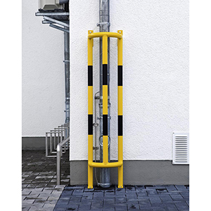 Rohrschutz, Wand- und Bodenmontage, Stahlrohr 48 mm, BxTxH 350x300x1500 mm, feuerverzinkt, gelb beschichtet, schwarze Streifen, mit Boden/Wandplatten