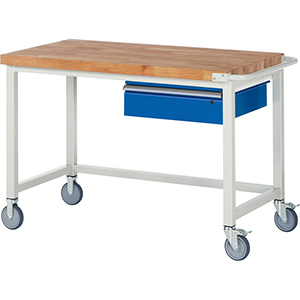 Fahrbare Werkbank, Breite 125 cm, Tiefe 70 cm, Höhe 88 cm, 1 Schublade(n), Platte: Buche-Riegel