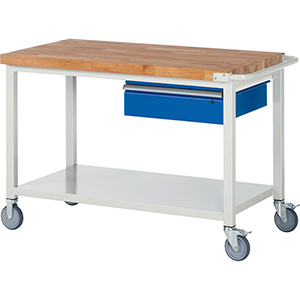 Fahrbare Werkbank, Breite 125 cm, Tiefe 70 cm, Höhe 88 cm, 1 Schublade(n), Platte: Buche-Riegel