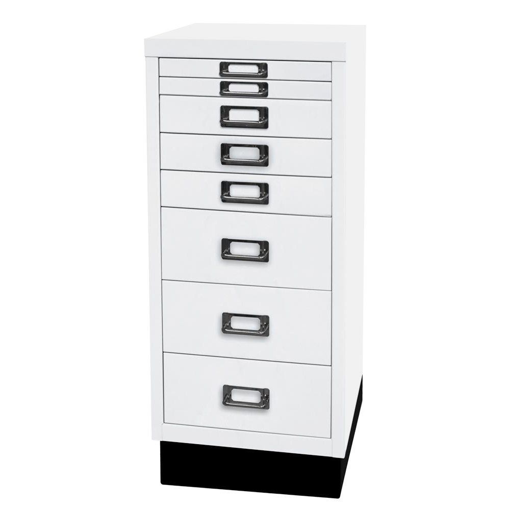 Schubladenschrank aus Stahl, BxTxH 279x380x670 mm, 8 Schubladen 2x25, 3x51, 3x102 mm, DIN A4, Sockel 80 mm hoch, verkehrweiß