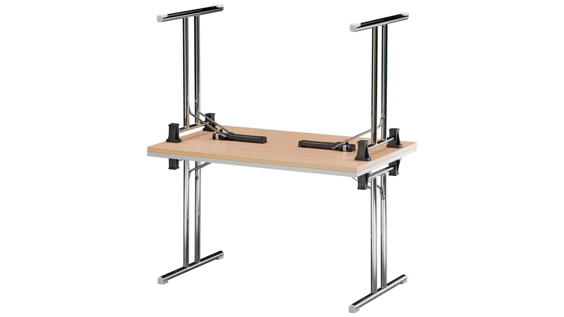 Klapptisch, BxTxH 1800x700x720 mm, T-Fuß-Gestell verchromt, gerade Kufen, melaminharzbesch. Platte buche