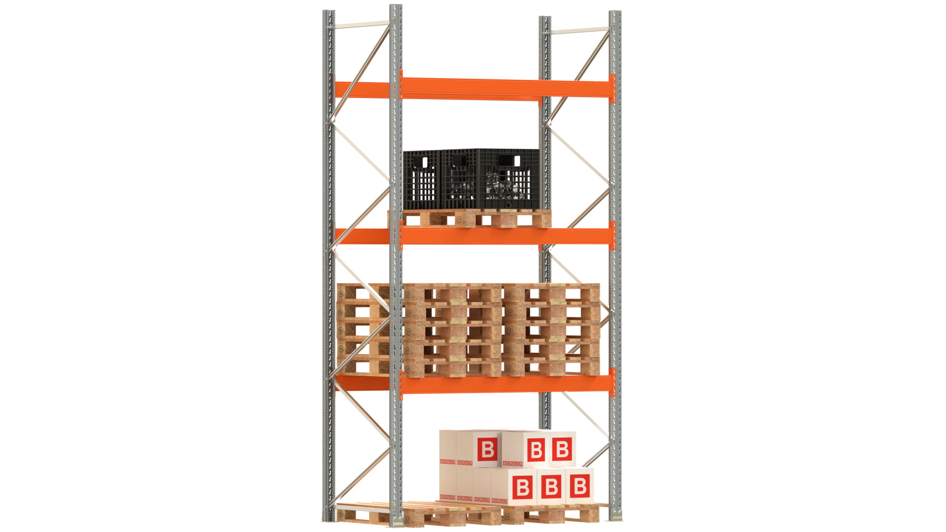 Palettenregal ARTUS - Breite 207 cm - Höhe 400 cm - Tiefe 110 cm - 3 Träger-Ebenen - Fachlast 3000 kg - 8 Palettenstellplätze