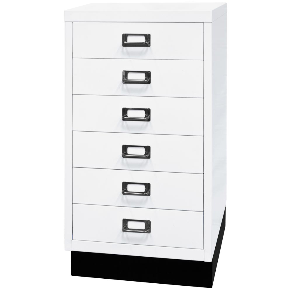 Schubladenschrank aus Stahl, BxTxH 349x432x670 mm, 6 Schubladen 87 mm, DIN A3, Sockel 80 mm hoch, verkehrsweiß
