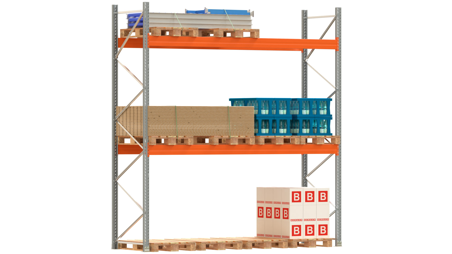 Palettenregal ARTUS - Breite 377 cm - Höhe 400 cm - Tiefe 110 cm - 2 Träger-Ebenen - Fachlast 3700 kg - 12 Palettenstellplätze
