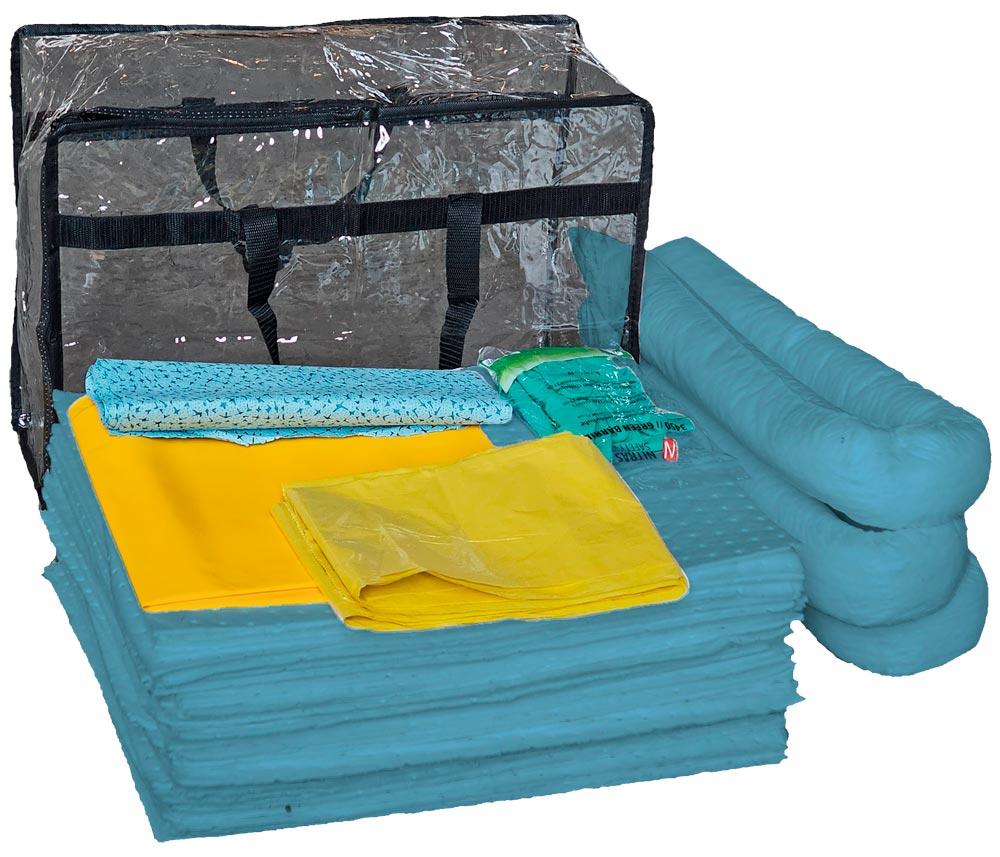 Notfall-Set, BxTxH 600x200x400 mm, Aufn. 50 l, Inh.: 35 Tücher 400x500 mm, 3 Schlängel, 10 Wischtücher, für Öle, Farbe blau