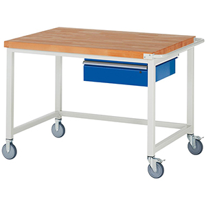 Fahrbare Werkbank, Breite 125 cm, Tiefe 90 cm, Höhe 88 cm, 1 Schublade(n), Platte: Buche-Riegel