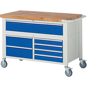 Fahrbare Werkbank, Breite 125 cm, Tiefe 70 cm, Höhe 88 cm, 7 Schublade(n), Platte: Buche-Riegel