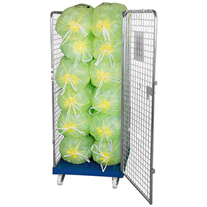 Rollbox mit Drahtgitterwänden, 4-seitig (1 Tür), Nutzhöhe 1585 mm, BxTxH 810x720x1800 mm, Bodenplatte aus HDPE, RAL 5010 enzianblau