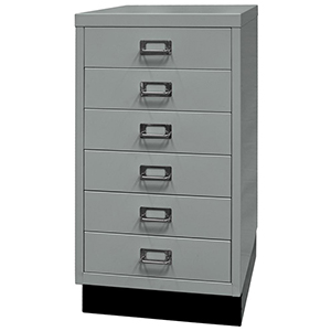 Schubladenschrank aus Stahl, BxTxH 349x432x670 mm, 6 Schubladen 87 mm, DIN A3, Sockel 80 mm hoch, silber