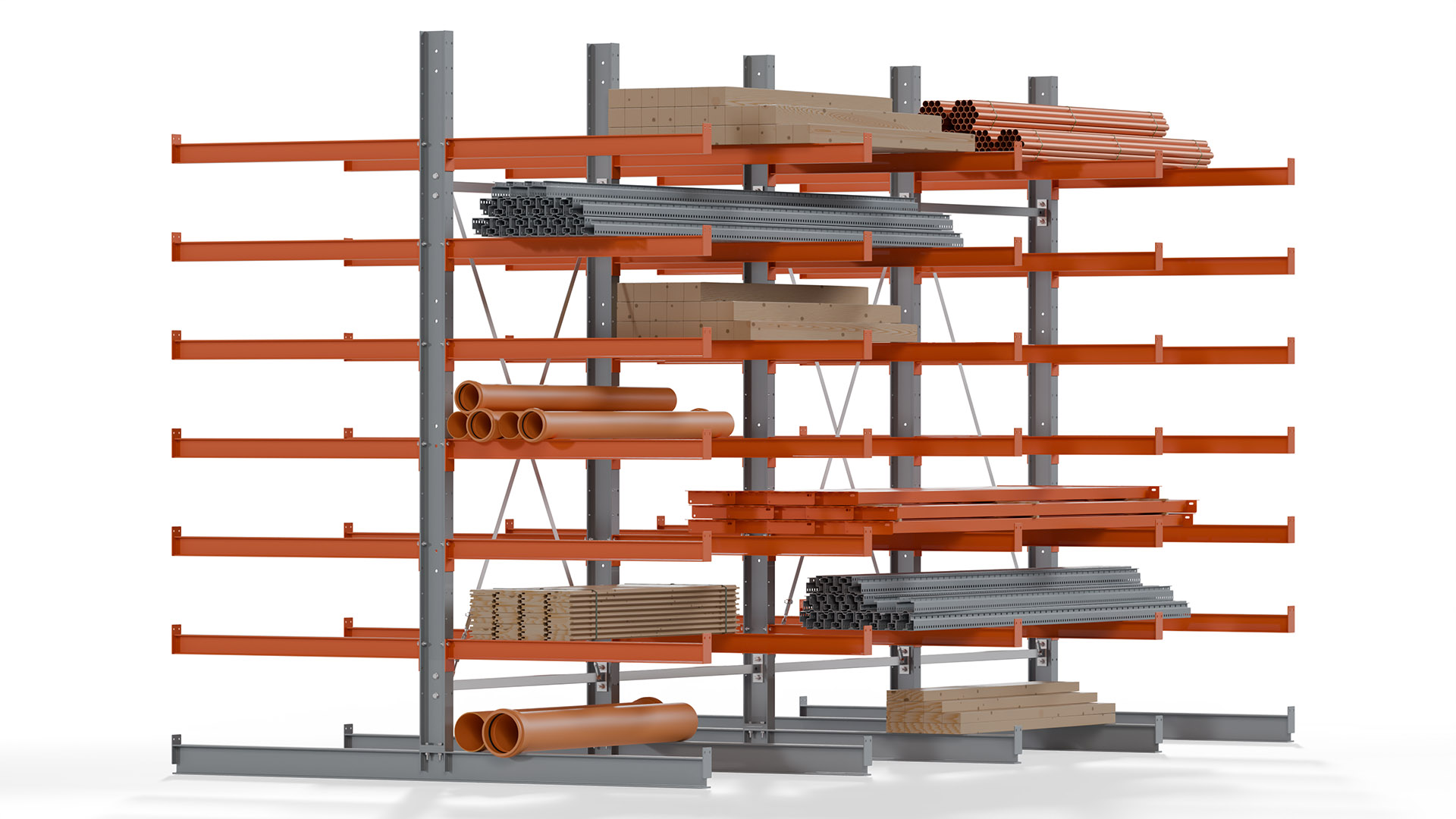Kragarmregal KARL basic - lackiert - Breite: 512 cm - Höhe: 300 cm - Tiefe: 120 cm - Traglast je Kragarm: 370 kg - beidseitig