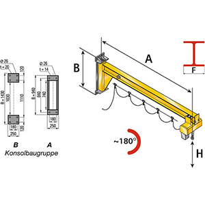 Wandschwenkkran, ohne Elektrokettenzug, Traglast 500 kg, Konsolbaugruppe A, Schwenkbereich 180 Grad, Ausladung 4000 mm