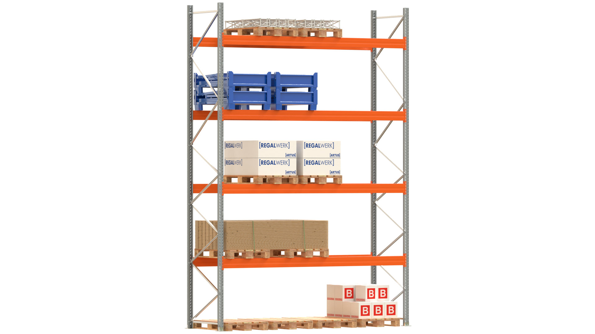 Palettenregal ARTUS - Breite 377 cm - Höhe 550 cm - Tiefe 110 cm - 4 Träger-Ebenen - Fachlast 2300 kg - 20 Palettenstellplätze