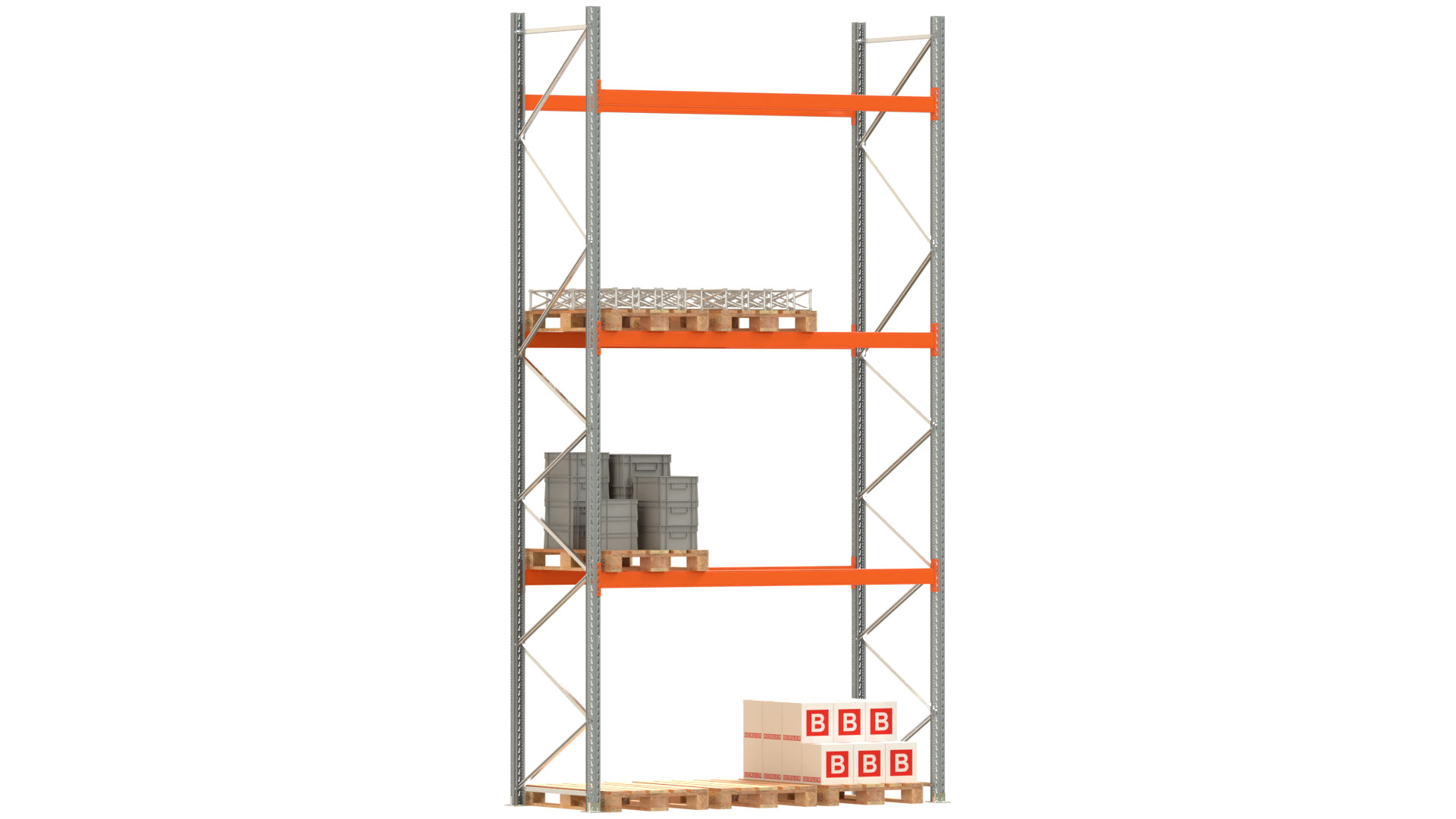 Palettenregal ARTUS - Breite 287 cm - Höhe 550 cm - Tiefe 110 cm - 3 Träger-Ebenen - Fachlast 2000 kg - 12 Palettenstellplätze