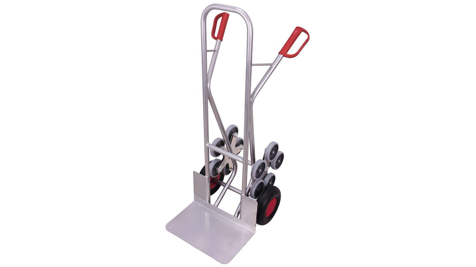 Sackkarre, Alu-Treppenkarre, Schaufel-BxT 480x300 mm, BxTxH 570x580x1310 mm, Traglast 200 kg, Luftbereifung + 2 fünfarmige Radsterne Vollgummibereifung