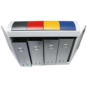Wertstoffsammelstation, 4x45 Liter, BxTxH 1100x320x975 mm, Korpus RAL 7035 lichtgrau, Schwingdeckel blau+gelb+anthrazit+rot