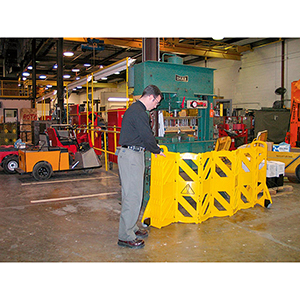 Absperrgitter, Mobiles Absperrsystem, 4 m Länge, 16 Glieder, 2 Laufrollen, BxTxH 600x350x1000 mm, gelb