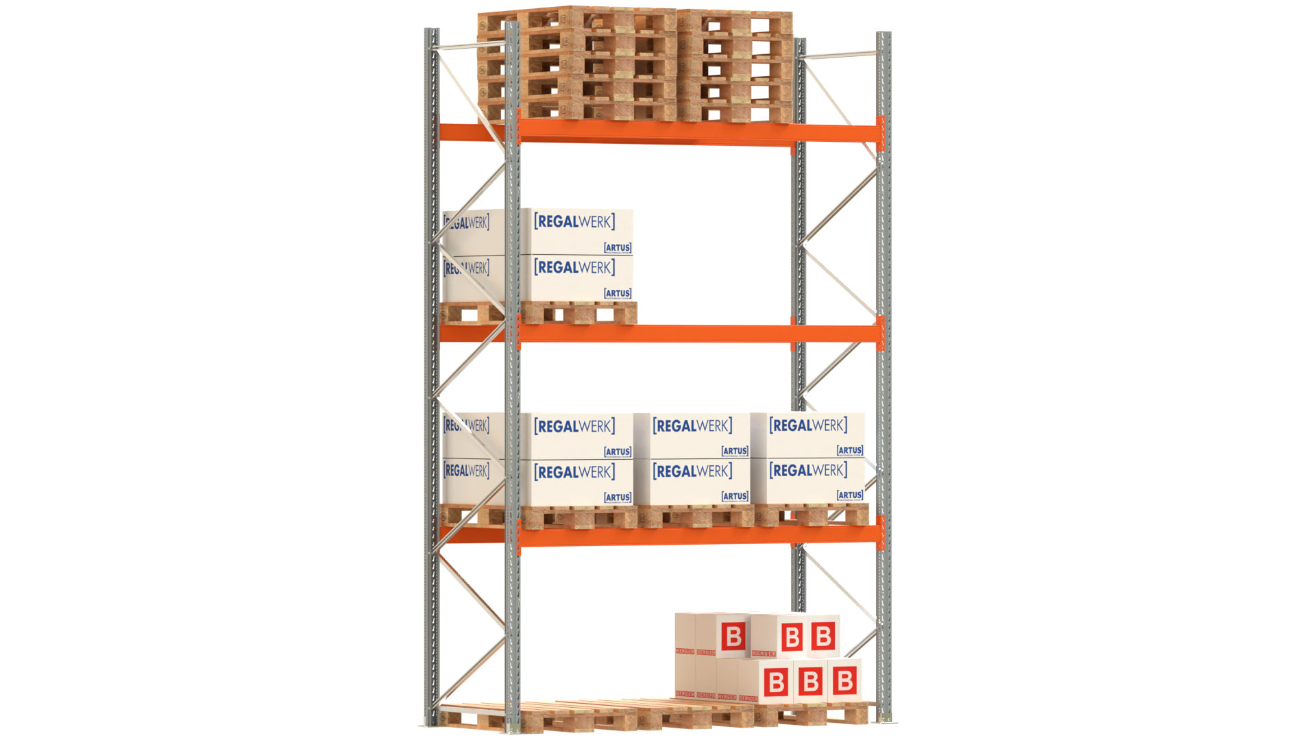 Palettenregal ARTUS - Breite 287 cm - Höhe 450 cm - Tiefe 110 cm - 3 Träger-Ebenen - Fachlast 2000 kg - 12 Palettenstellplätze