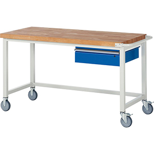 Fahrbare Werkbank, Breite 150 cm, Tiefe 70 cm, Höhe 88 cm, 1 Schublade(n), Platte: Buche-Riegel
