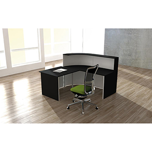 Design-Theke, BxTxH 1800/1950x950x1100/740 mm, gebogen, Tisch rechts, weiß mit Edelstahldekor