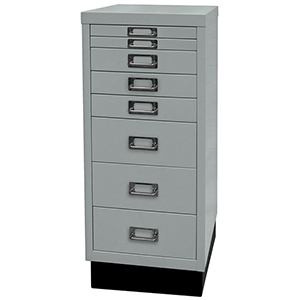 Schubladenschrank aus Stahl, BxTxH 279x380x670 mm, 8 Schubladen 2x25, 3x51, 3x102 mm, DIN A4, Sockel 80 mm hoch, silber