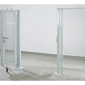 Falttor für Trennwandschutzgitter, beidseitig, 2 Flügel, BxH 4000x2200 mm, Flachgitter 40/40 mm, RAL 7037 staubgrau