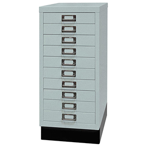 Schubladenschrank aus Stahl, BxTxH 279x380x670 mm, 10 Schubladen 51 mm, DIN A4, Sockel 80 mm hoch, silber