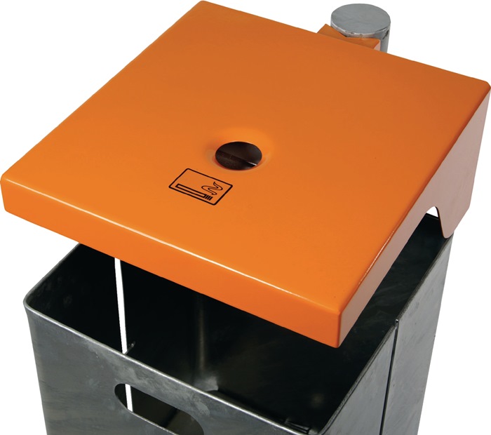 Abfallbehälter rechteckig, mit Haube - Wand- oder Pfostenbefestigung - mit Ascher - 40 l - gelborange/verzinkt