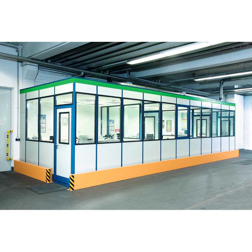 Hallenbüro, 3-seit. an Gebäudewand, ohne Boden, 4 Leuchten, BxTxH 4045x5050x2630 mm, RAL 9002 grauweiß, Rahmen RAL 5010 enzianblau