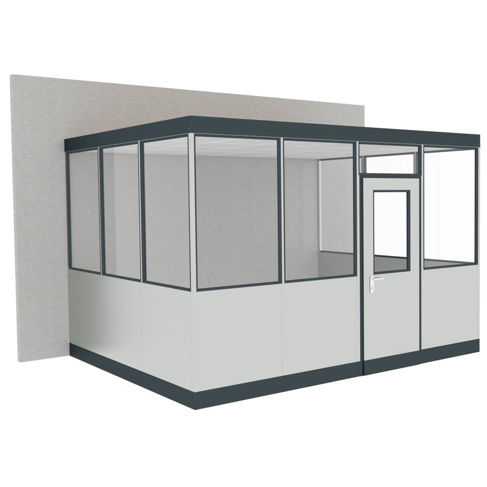 Hallenbüro, 3-seit. an Gebäudewand, ohne Boden, 4 Leuchten, BxTxH 4045x5050x2630 mm, RAL 9002 grauweiß, Rahmen RAL 5010 enzianblau