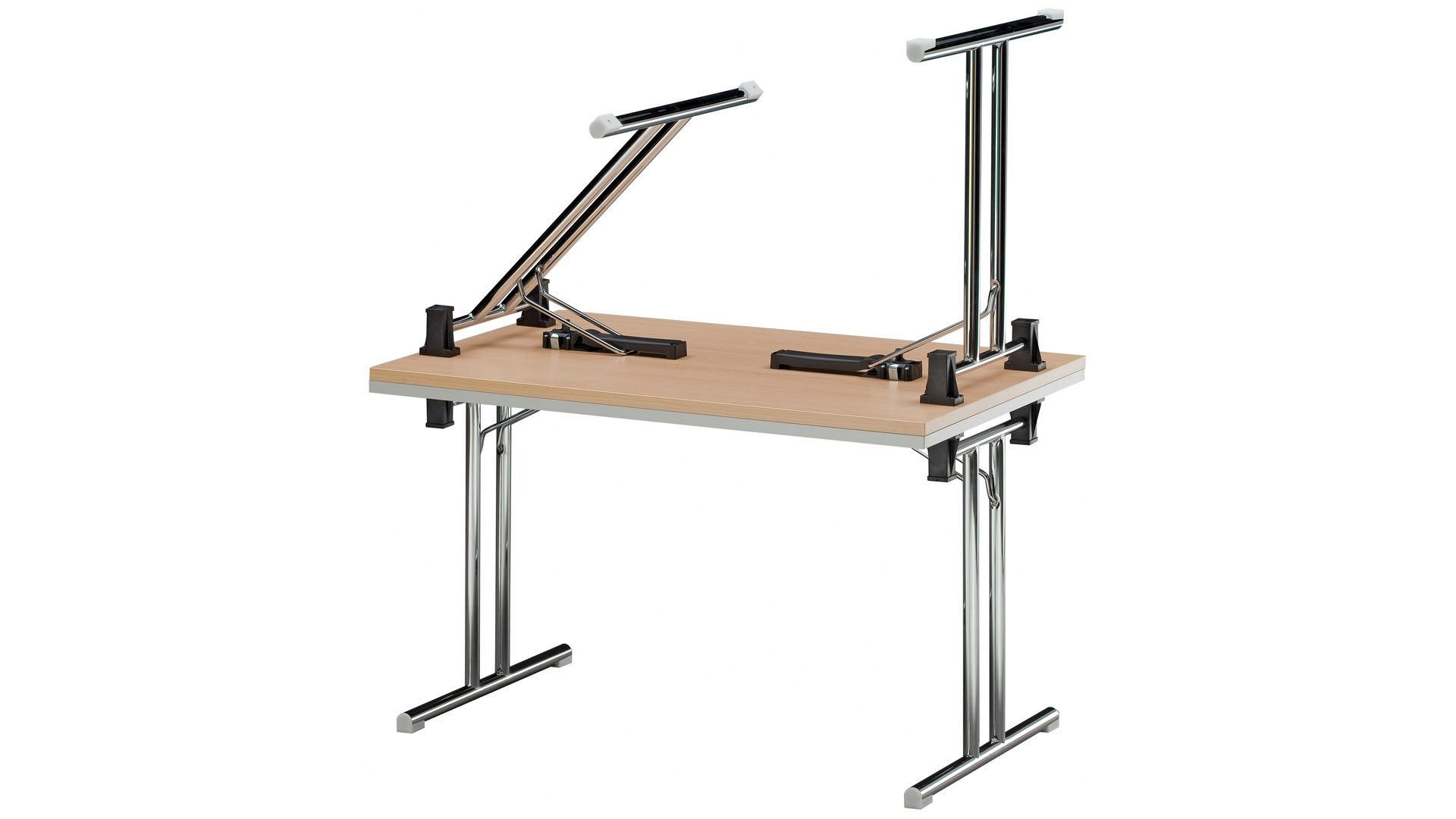 Klapptisch, BxTxH 1800x700x720 mm, T-Fuß-Gestell verchromt, gerade Kufen, melaminharzbesch. Platte buche
