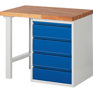Werkbank, BxTxH 1000x700x840 mm, Platte Buche 40 mm, 4 Schubladen 180 mm, RAL 7035/5010