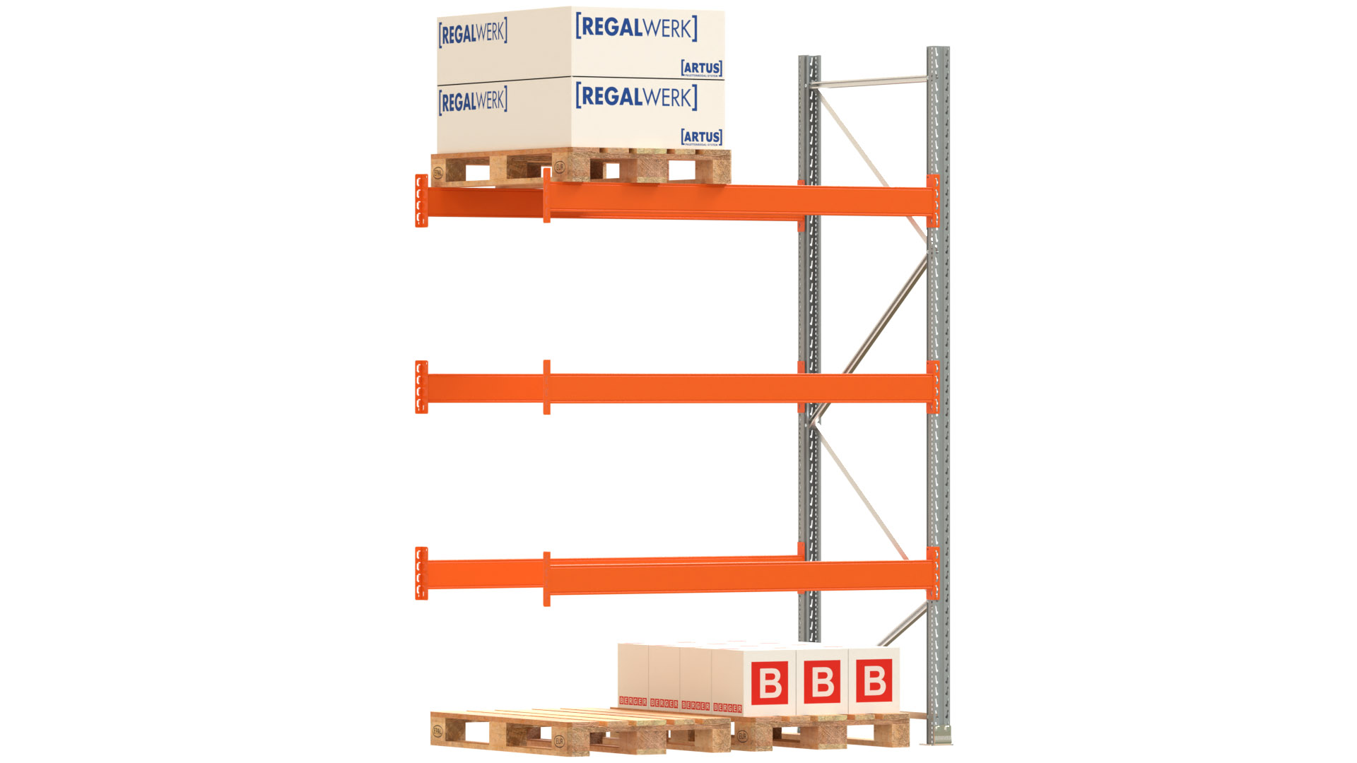 Palettenregal ARTUS - Anbaufeld - Breite 198,5 cm - Höhe 300 cm - Tiefe 110 cm - 3 Träger Ebenen