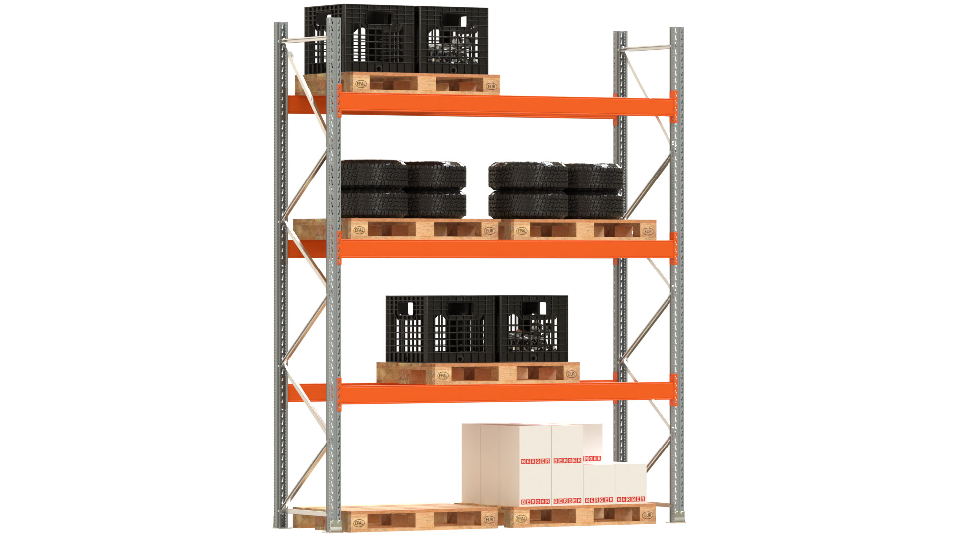 Palettenregal ARTUS - Breite 287 cm - Höhe 350 cm - Tiefe 80 cm - 3 Träger-Ebenen - Fachlast 3000 kg - 8 Palettenstellplätze