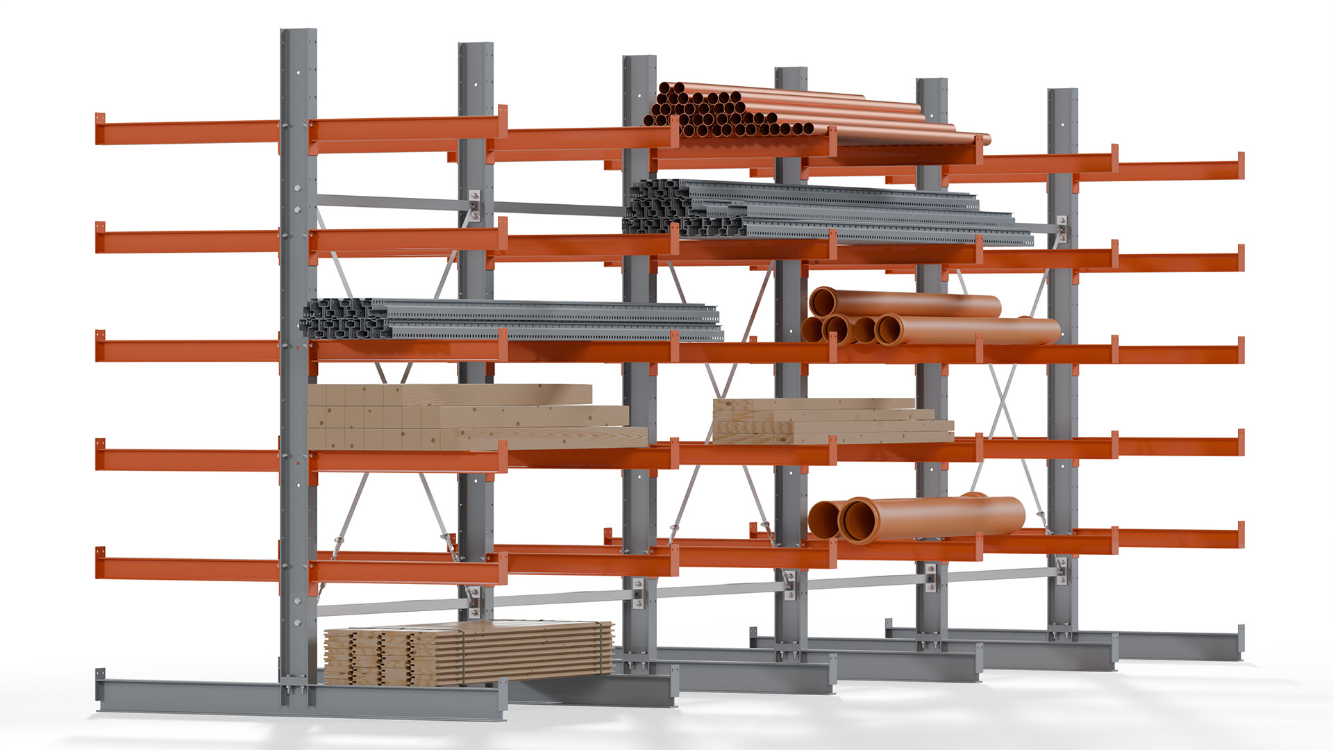 Kragarmregal KARL basic - lackiert - Breite: 640 cm - Höhe: 250 cm - Tiefe: 80 cm - Traglast je Kragarm: 550 kg - beidseitig