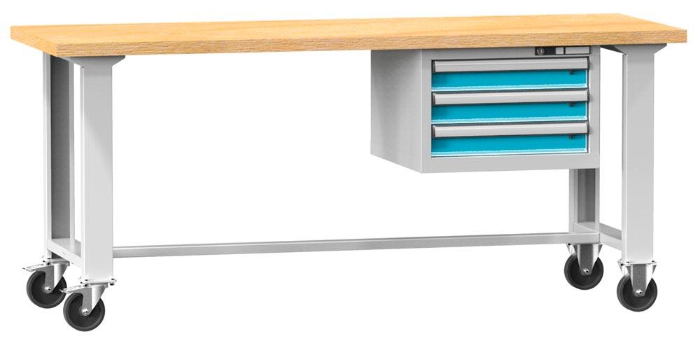 Fahrbare Werkbank, Breite 150 cm, Tiefe 70 cm, Höhe 88 cm, Platte: Buche-Riegel