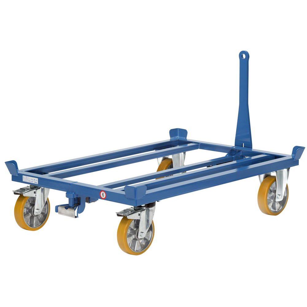 Paletten-Fahrgestell als Routenzug, Ladefläche BxT 1210x810 mm, Traglast 1000 kg, inkl. Deichsel und Kupplung, RAL 5007 brillantblau