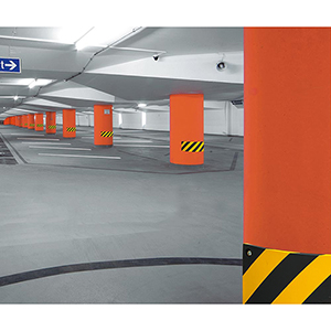 Rundsäulenschutz, Rechteck, BxT 500x200 mm, Stärke 20 mm, gelb/schwarz, Polyurethanschaum