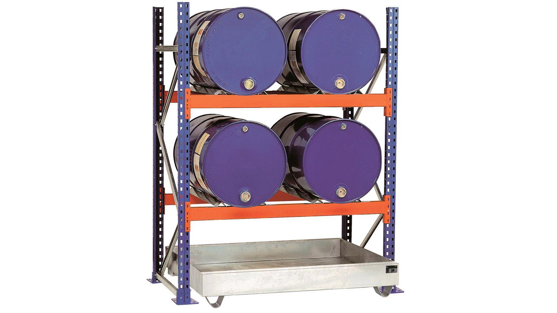 Fassregal, AF, für 4x200 l liegend, 4x200 l stehend, mit Auffangwanne 285 l, BxTxH 1350x850x2500 mm