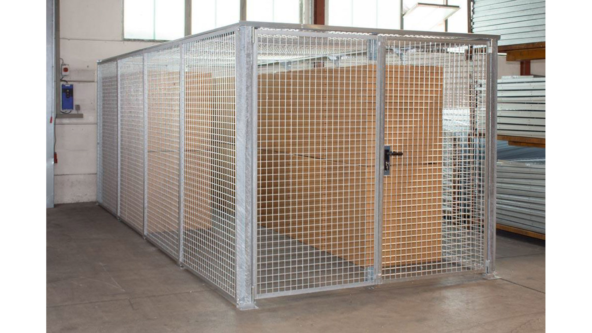 Drahtgitter-Lagerbox, abschließbares Doppelflügeltor, Baukastensystem, BxTxH 2450x5885x2100 mm, feuerverzinkt