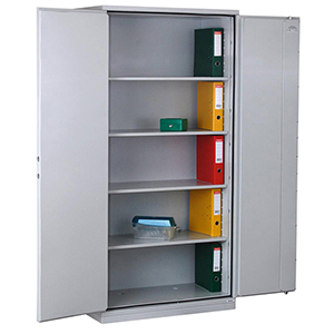 Aktenschrank mit Flügeltüren, Büroschrank, feuergeschützt, BxTxH 950x500x1950 mm, 2 Türen, 4 Böden, Kapazität 55 Ordner, RAL 7035 lichtgrau