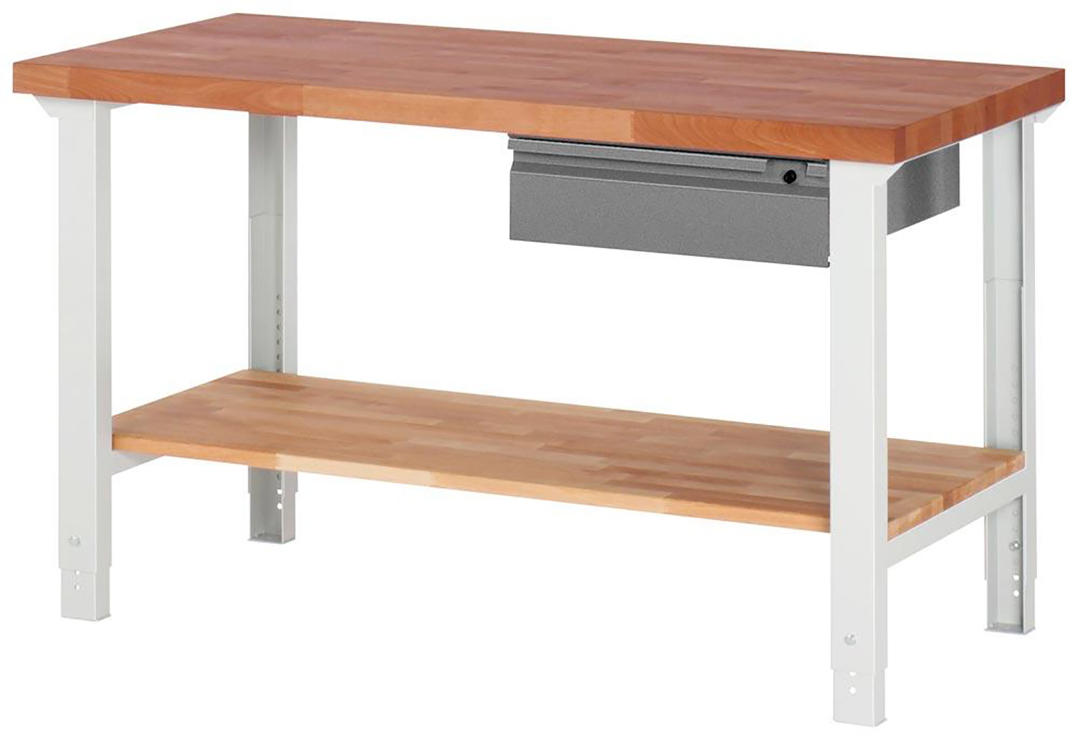 Werkbank 7000 BR, BxTxH 1500x700x790-1140 mm, Platte Buche 40 mm, inkl. Buche-Ablageboden, 1x 150 mm Unterbauschublade, zerlegte Anlieferung, RAL 7035/7016