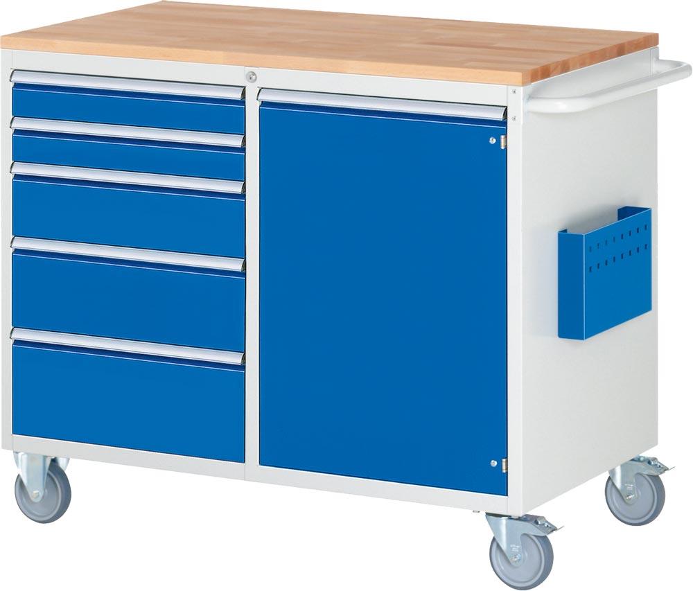 Montagewagen mit Buche Platte 25mm,  BxTxH 1145x650x975 mm, 5 Schubladen: 2x90/1x150/1x180/1x210 mm, 1 Tür 720 mm, 1 Fachboden, RAL 7035/5010