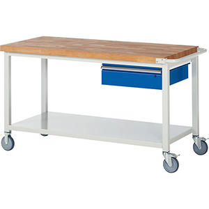 Fahrbare Werkbank, Breite 150 cm, Tiefe 70 cm, Höhe 88 cm, 1 Schublade(n), Platte: Buche-Riegel