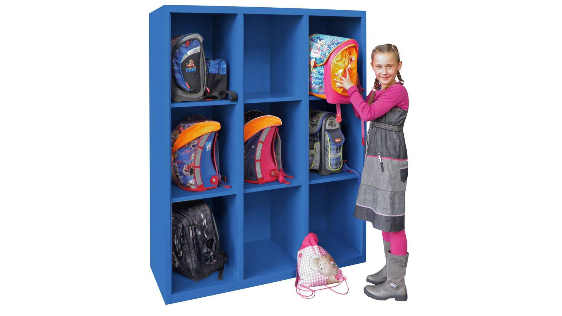 Taschenregal, Breite 123 cm, Höhe 154 cm, Tiefe 50 cm, 9 Fächer