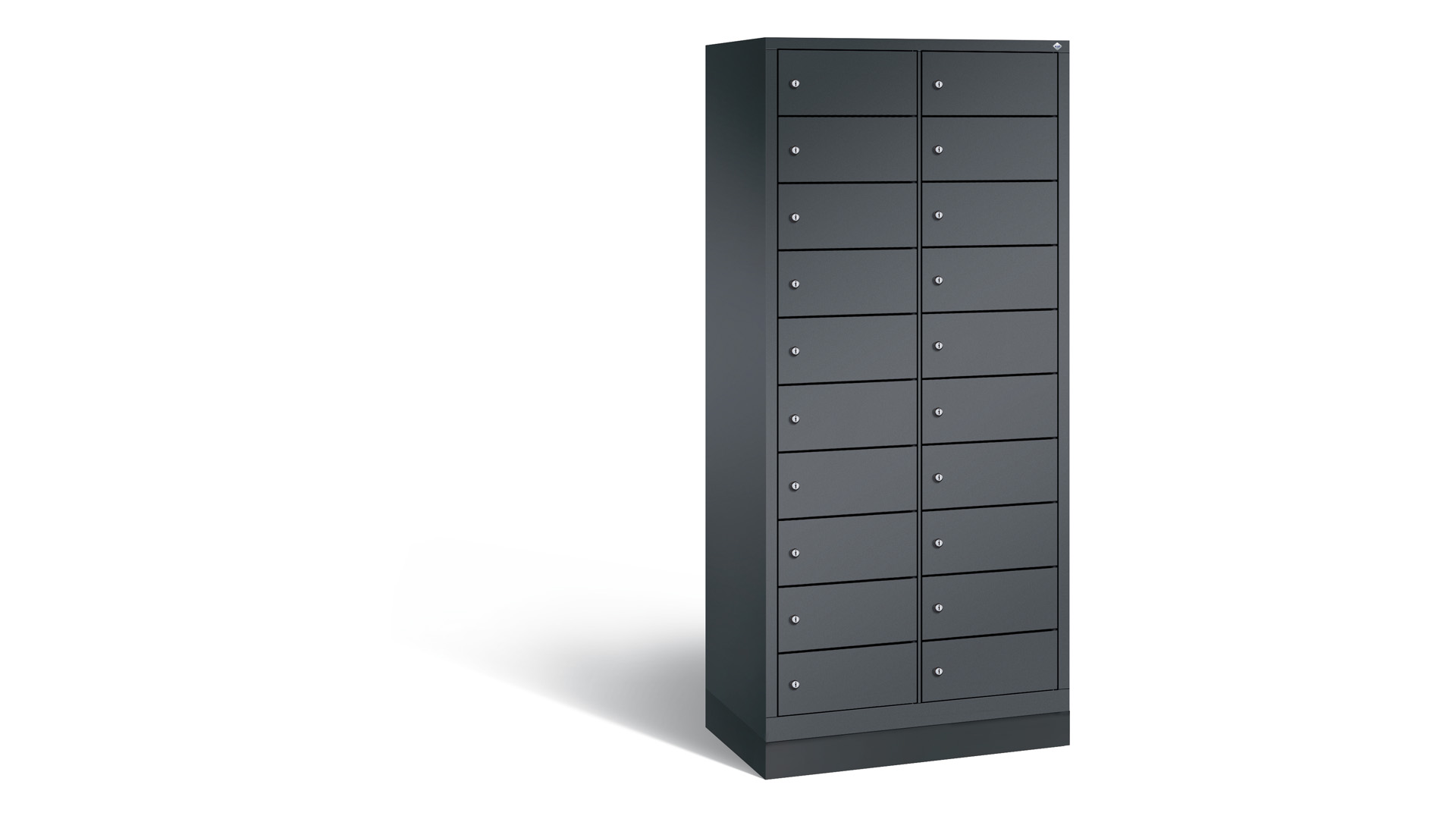 Akku Ladeschrank - Laptopschrank, Tabletschrank, Computerschrank m. Sockel, 20 Fächer mit Zylinderschloss u. Anschlagdämpfer, schwarzgrau, 1.800 x 810 x 500 mm (HxBxT)