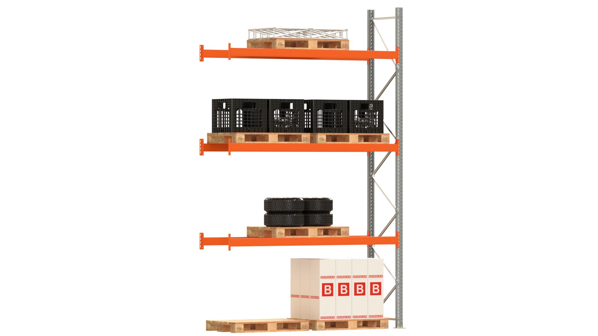 Palettenregal ARTUS - Anbaufeld - Breite 278,5 cm - Höhe 450 cm - Tiefe 80 cm - 3 Träger Ebenen