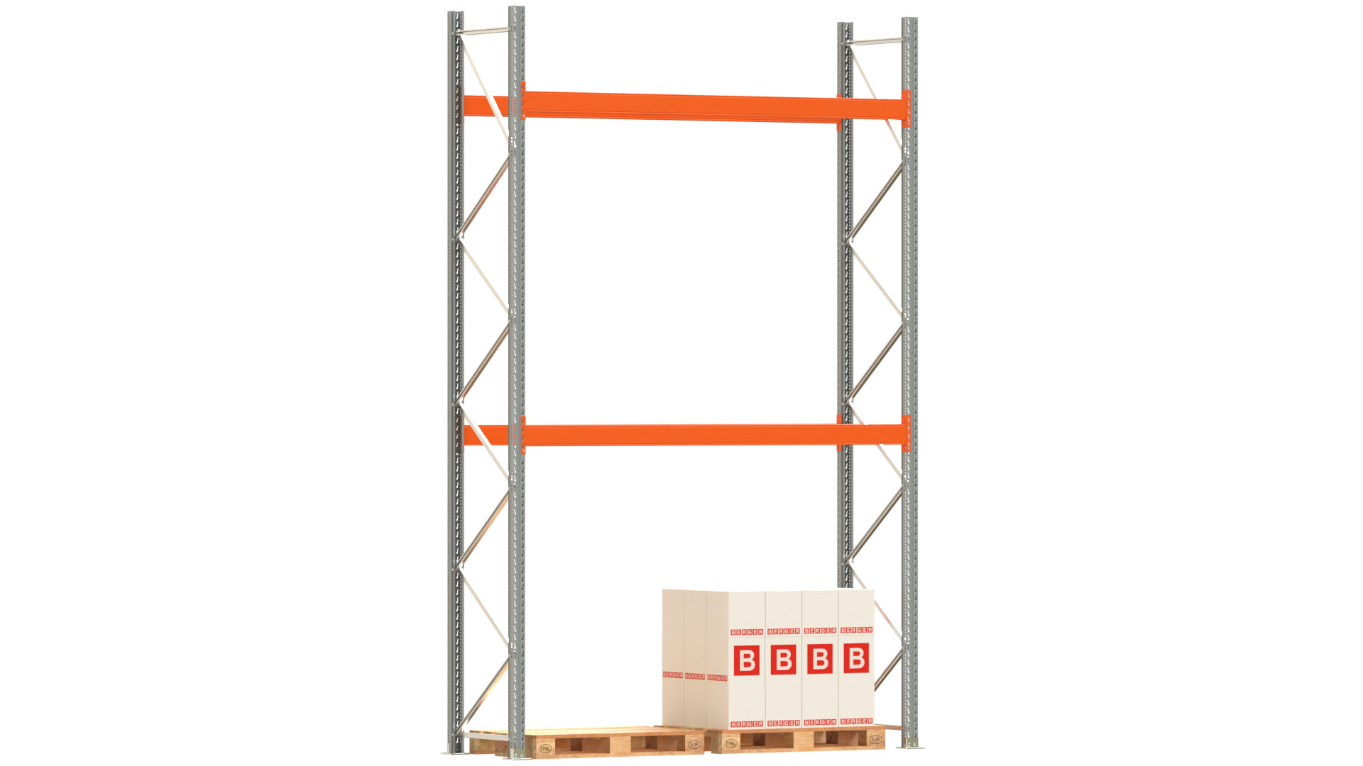 Palettenregal ARTUS - Breite 287 cm - Höhe 450 cm - Tiefe 80 cm - 2 Träger-Ebenen - Fachlast 3000 kg - 6 Palettenstellplätze