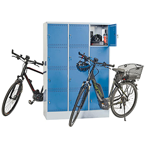 Akku-Ladeschrank, Fächerschrank, BxTxH 1205x582x1795 mm, 12 Fächer, Abteil-BxH 400x400 mm, RAL 7035/5012 lichtgrau/lichtblau